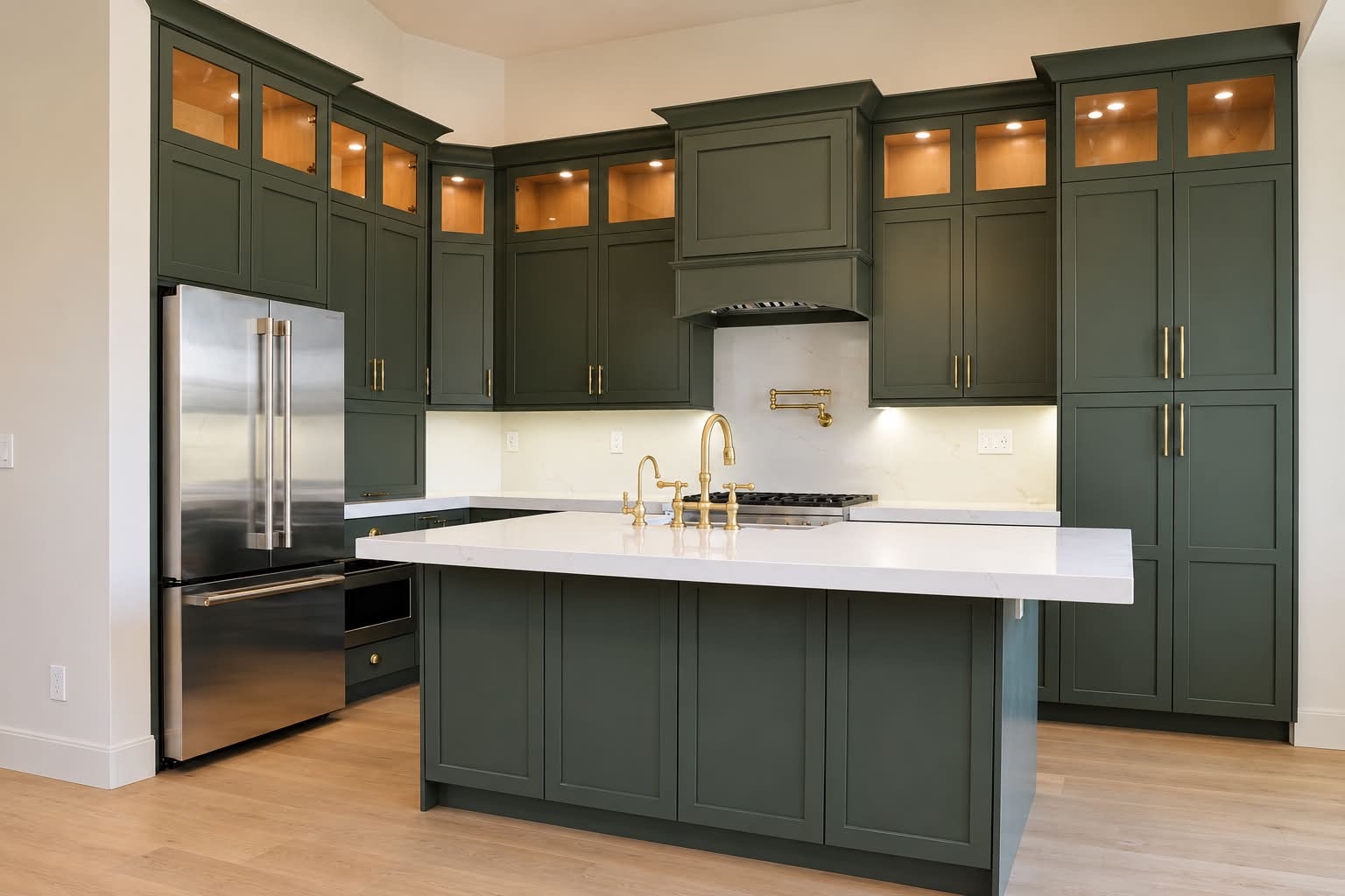 Deep green custom kitchen cabinetry with lit upper cabinets, brass hardware, and a white island countertop